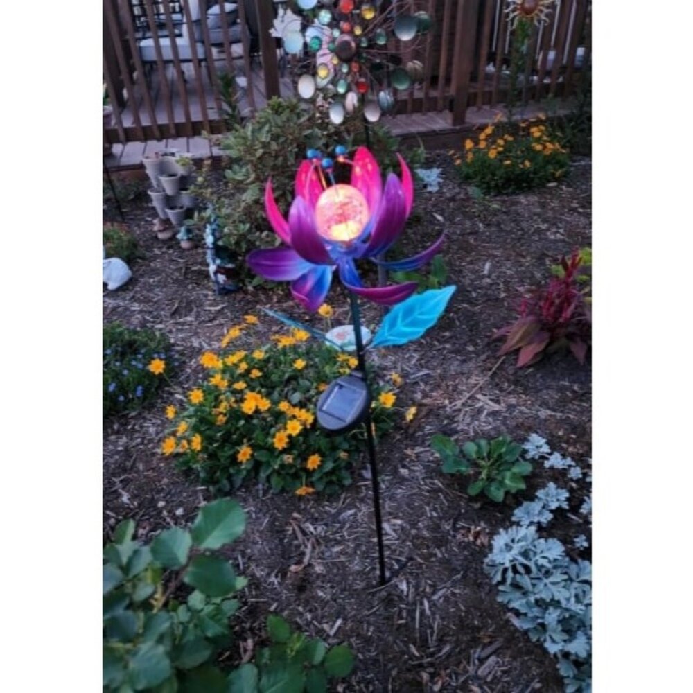 Solar Purple Metal Flower Wind Spinners, Colorful Spinning Windmill Lotus Yard